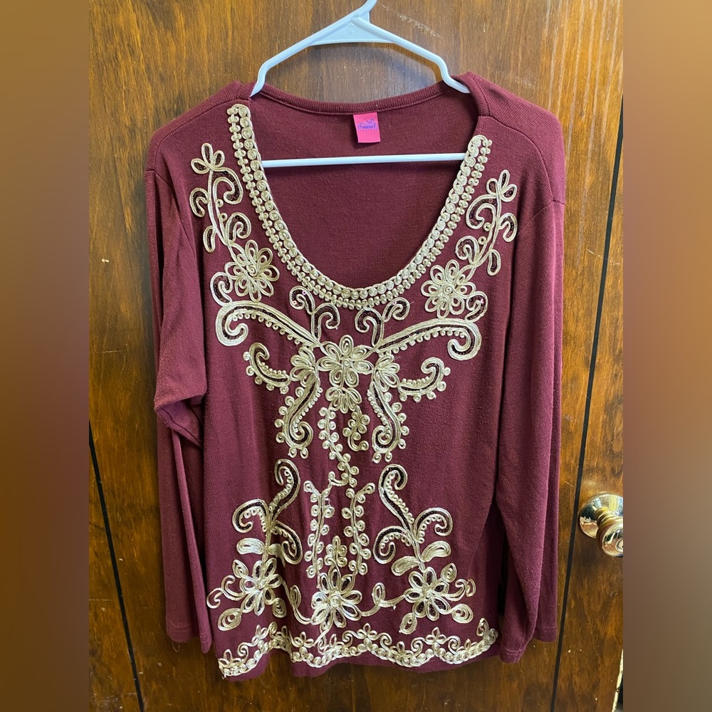 Dmiris Womens Long Sleeve Burgundy Embroidered Blouse Size Large